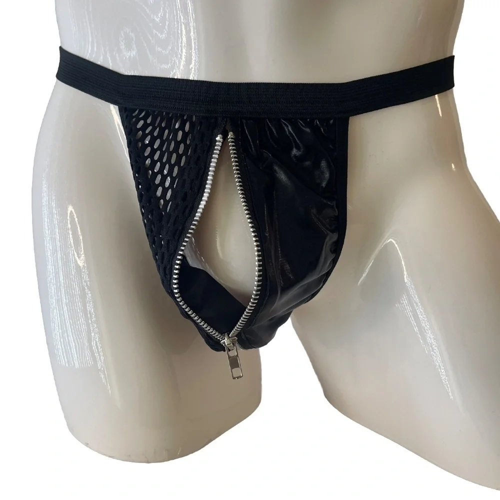 Thong G-String Black Medium Mens Zipper Front Reveal New With Tags